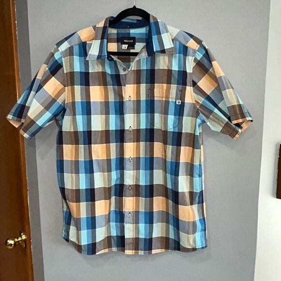 Marmot‎ short sleeve green blue plaid button down shirt men’s size L - Picture 1 of 9